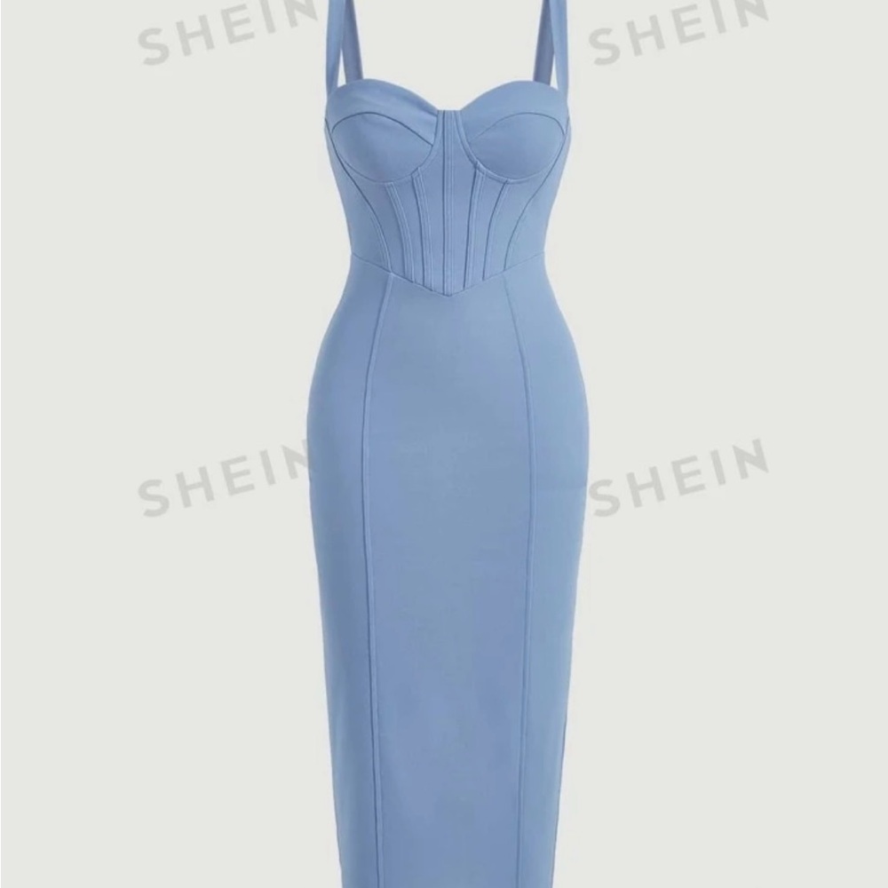 Split Back Bodycon Blue Slim-Fitting Bust-Cup Hip Midi Dress - Size 8/10 Large